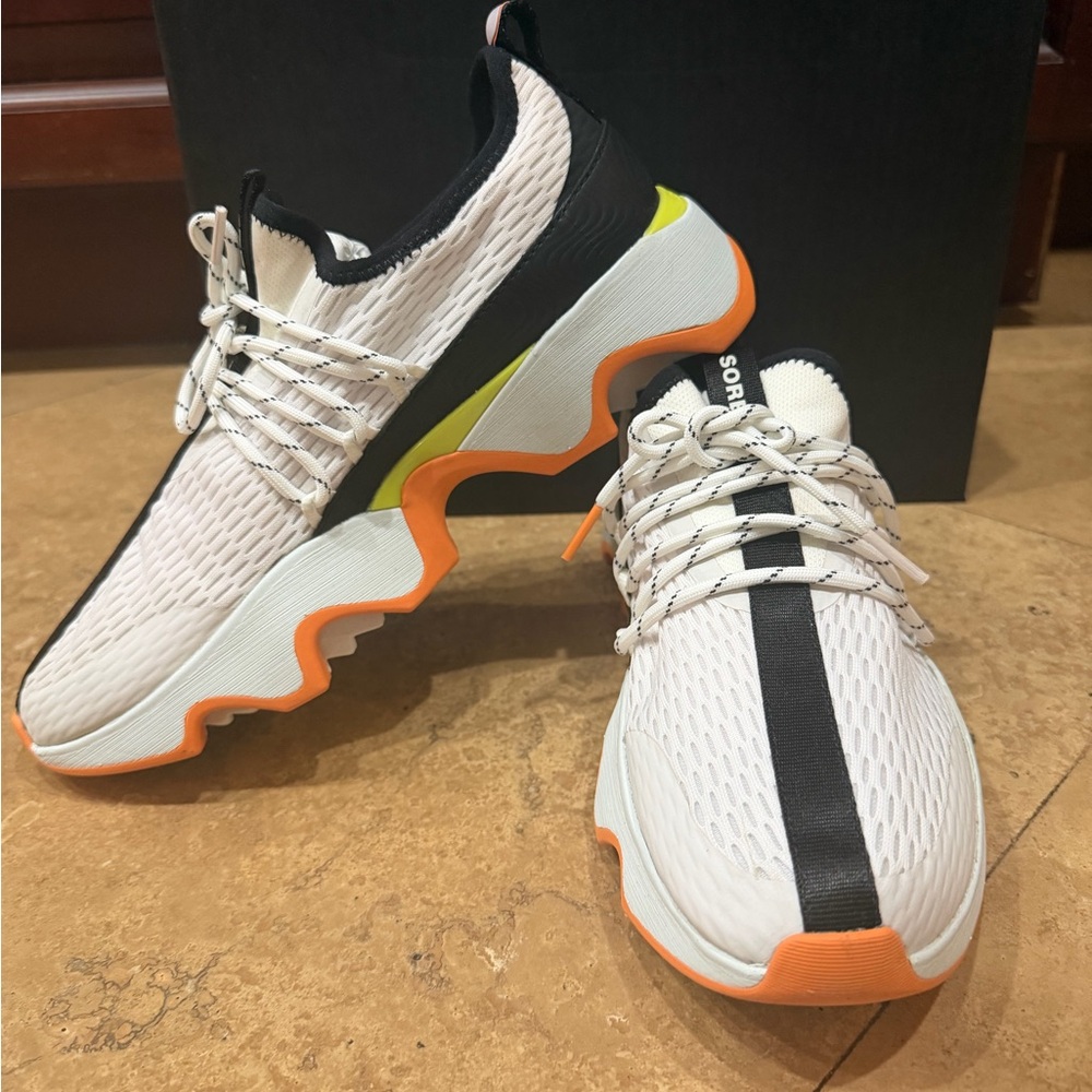 Sorel Women's White Sneakers with Black, Orange, and Lime Accents
